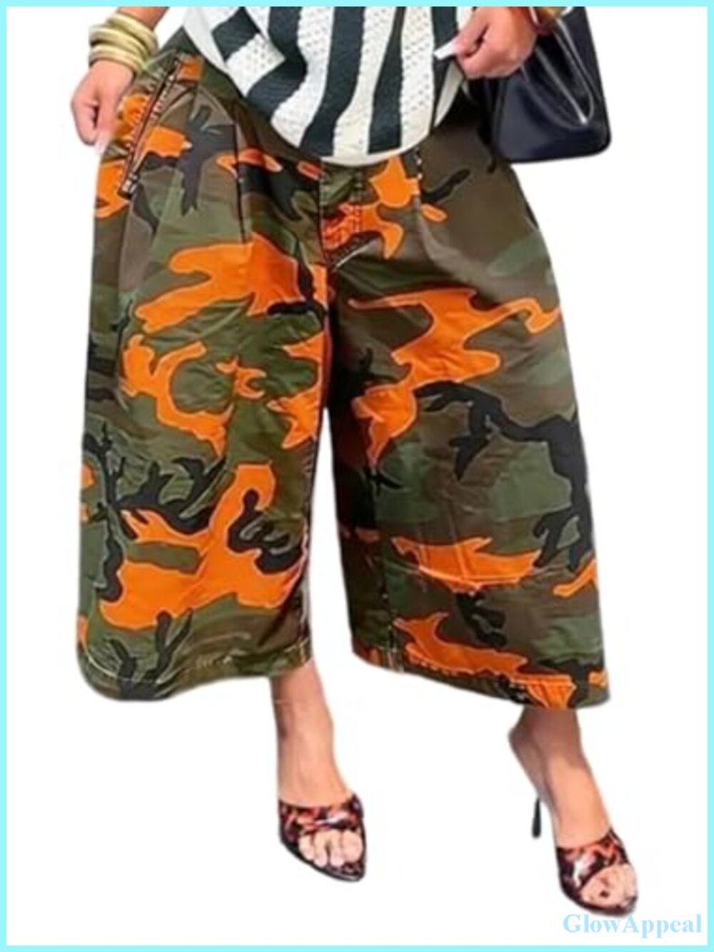 Women's Camo Cargo Jeans Baggy Wide Leg Cropped Denim Pants